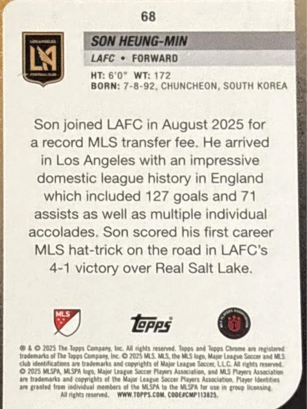 Topps Chrome Son Heung-Min LAFC Soccer Card